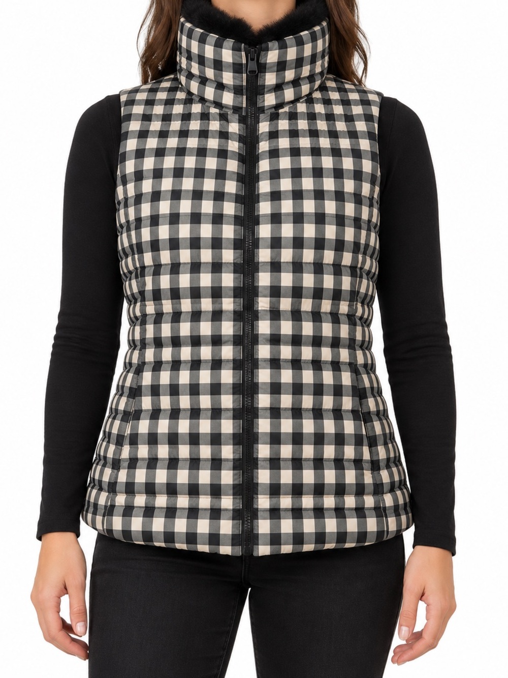 Talbots Buffalo Check Down Puffer Vest w/Faux Fur Trim Sz M